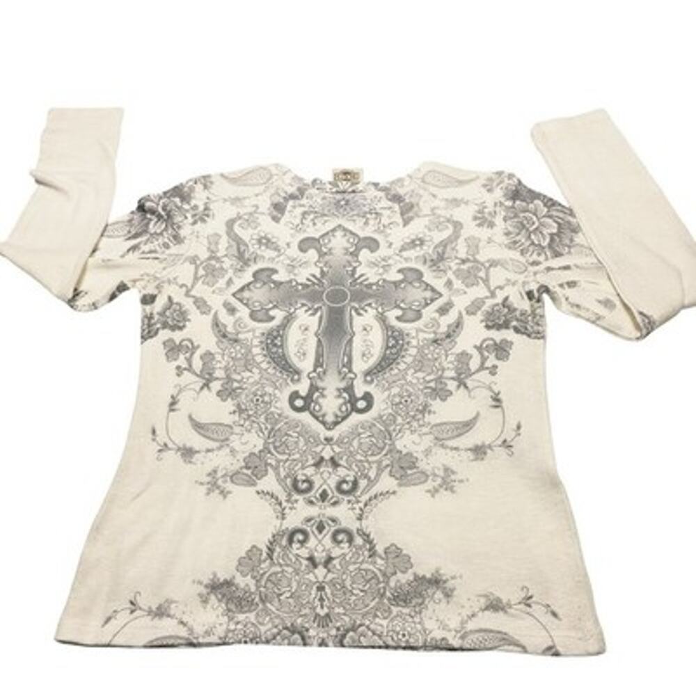 Vintage Rods White Embelished Cross Floral Shirt Long Sleeve Womens Medium 90's